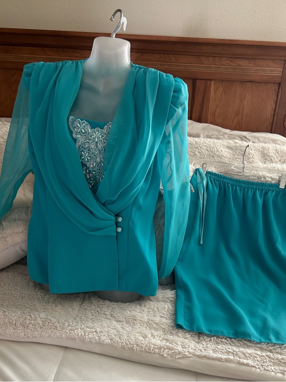 Vintage Teal Women's Draped Blazer & Skirt Pearl Sequin Bodice Petite 8